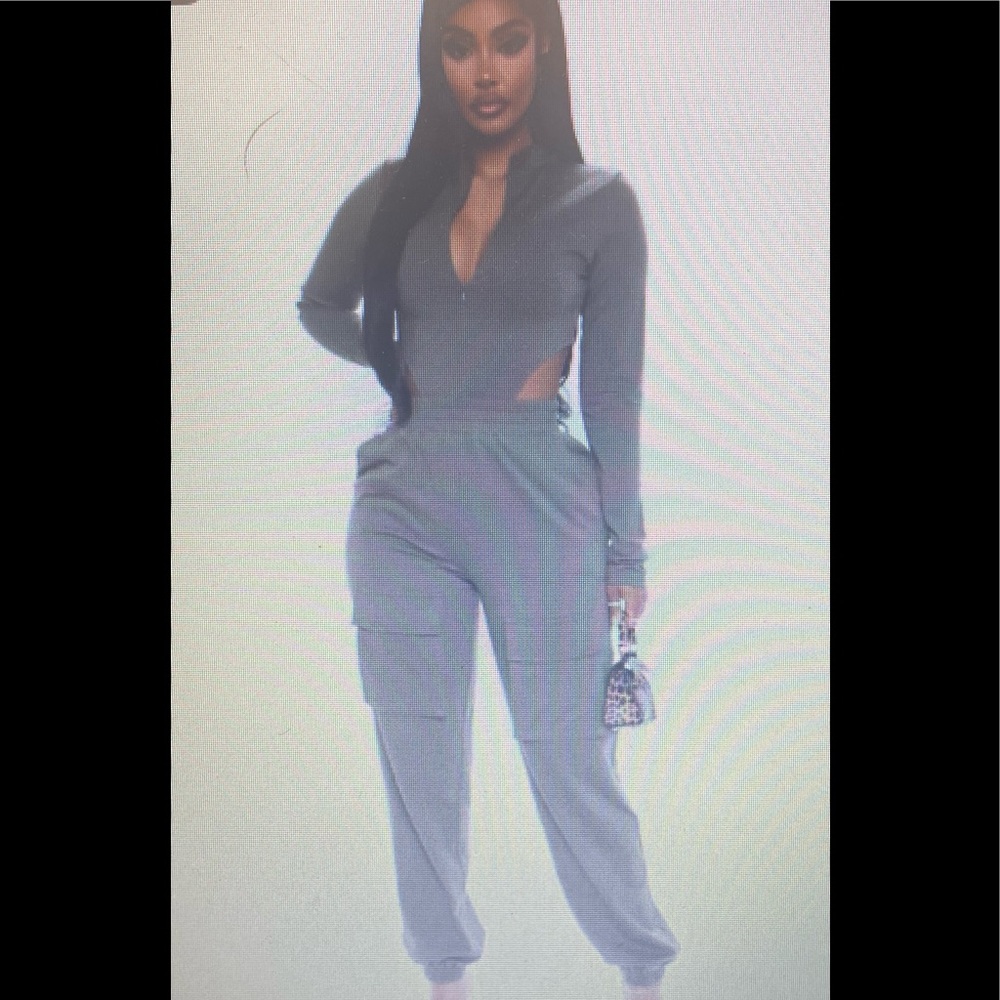 Jogger set, olive, zip front bodysuit, thong bottom, cargo pocket, 62% polyester